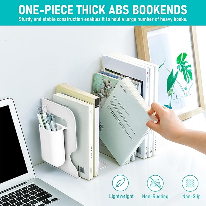 SAYEEC Adjustable Bookends with Pen Holder Expandable Book Ends for Heavy Books Plastic Desk Book Holder Stand Stopper Rack Magazine Binder Organizer for Shelves Bookcase Office School Home (White)