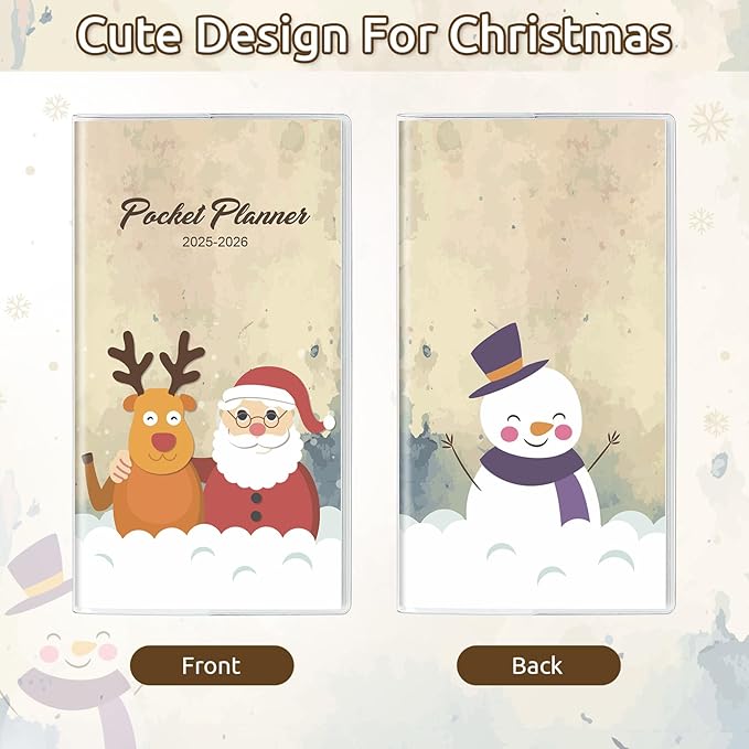 Christmas Pocket Calendar 2025-2026, 2025 Monthly Planner - 3.7" x 6.7" - Runs from January 2025 until December 2026, 2025 Pocket Planner with PVC Cover for Planning, Beige
