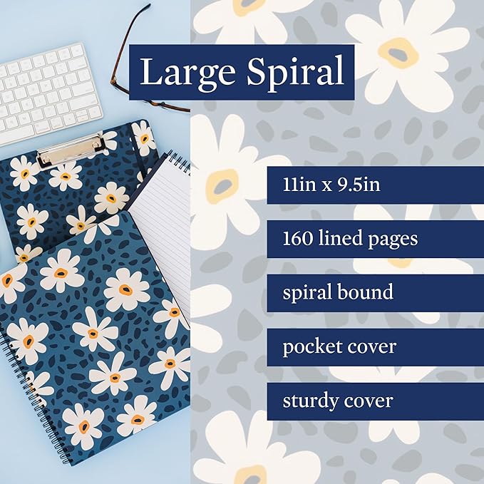 Steel Mill & Co Cute Large Spiral Notebook College Ruled, 11" x 9.5" with Durable Hardcover and 160 Lined Pages (Leopard Daisy)