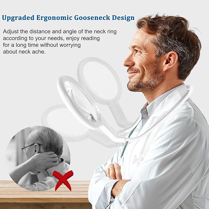 10X Lighted Magnifying Glass, Flexible Gooseneck Magnifier with 36 LED Light, 3 Light Modes, 5.2 Inch Lighted Magnifying Glass Hands Free for Seniors Sewing (White)