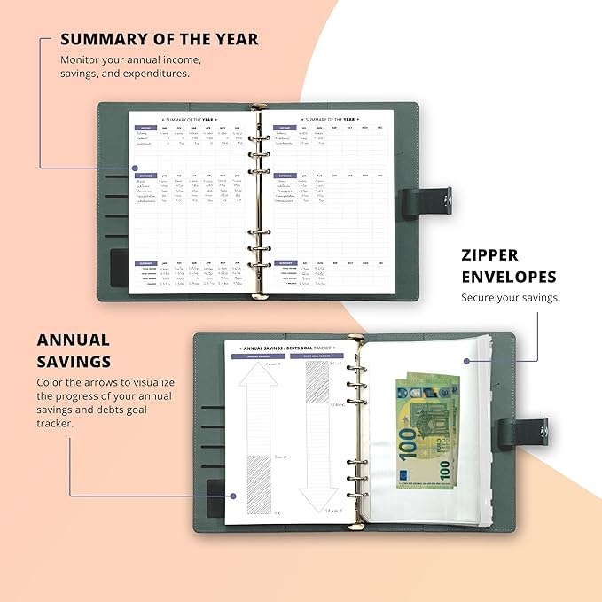 Budget Planner 12 Months Undated A5 Binder Pu Leather Hard Cover, Erasable Pen, Bill Organizer, Money Envelopes for Cash 12pcs Transparent Bags, Budget Binder with Silver Rings, Ideal Book Organizer