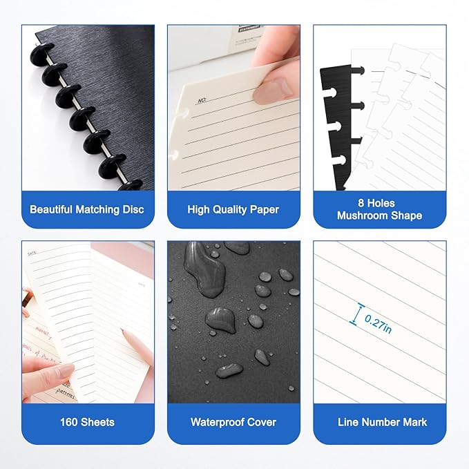 Discbound Notebook, 8-Disc Disbound Planner with Removable Pages, 180 Pages Spiral Notebook, Poly Cover Discbound Planner for Work, Travel, Note Taking(With Index Sticker),Black, A5