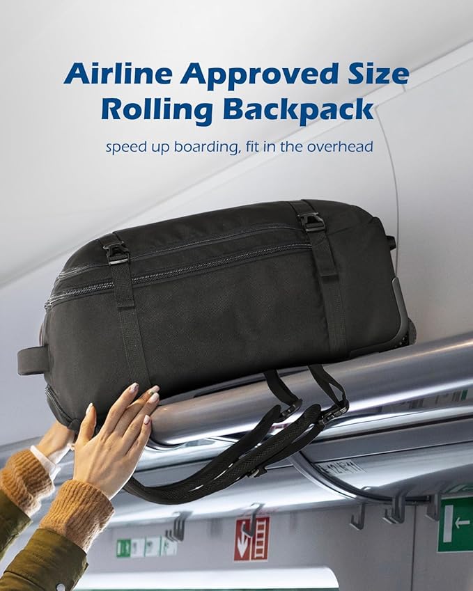 Hynes Eagle Rolling Backpack 42L Backpack with Wheels Airline Approved Carry on Luggage Laptop Travel Backpack for Women Men Black-2024