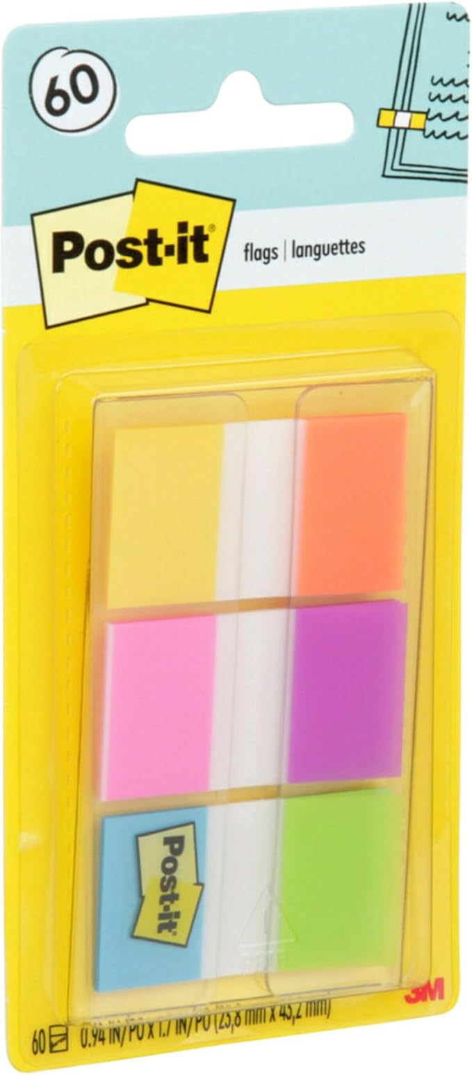 Post-it Flags, 60/On-The-Go Dispenser, .94 in Wide, Alternating Electric Glow Collection (680-EG-ALT) (Pack of 2)