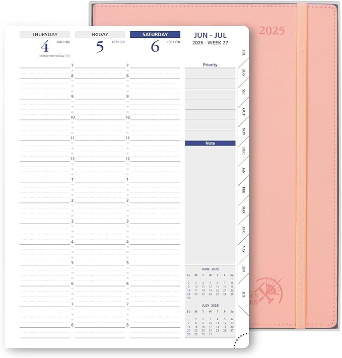 POPRUN 2025 Weekly Planner 8.5" x 11", Quarter-Hourly Appointment Book with PU Leather Soft Cover, Dual Pockets, Gift Box, Monthly Tabs, 100GSM Thick Paper, Sunday Start - Soft Pink