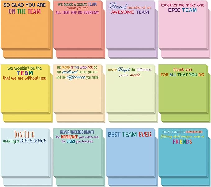 Yinder 24 Pcs Team Sticky Notes Team Appreciation Gifts Bulk Employee Coworker Inspirational Sticky Notes Pad Appreciation Gifts for Teacher Nurse Office Supplies 3 x 3''(Elegant Color,Appreciation)