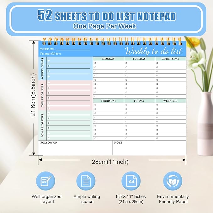 2 Packs Weekly To Do List Notepad - Weekly Planner Notepad, Undated Weekly Desk Planner with To Do List Notebook for Work, 52 Pages Spiral Bound Notepad with Checklist, 8.5"×11"