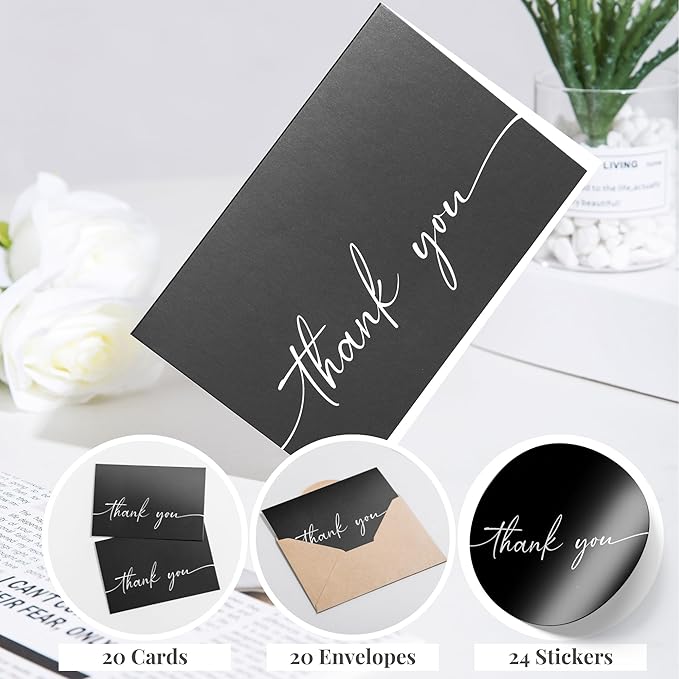 Bulk Pack of 20 Thank You Cards with Envelopes & Stickers, Black Thank You Cards 4x6 Inches - Suitable for Business, Baby Shower, Wedding, Small Business, Graduation, Bridal Shower, Funeral