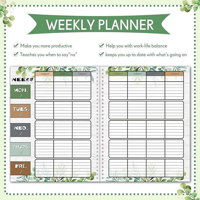Eucalyptus Teacher Planner Undated Academic Year Teacher Lesson Planner Book Green Plants Daily Weekly Monthly Spiral Planner Checklist Organizer with Stickers for Classroom, 8.5'' x 11''