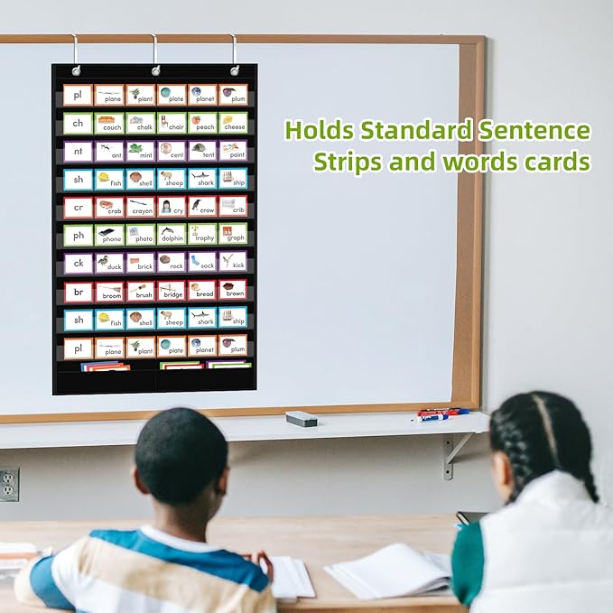 Large 10+2 Pockets Standard Pocket Chart, 10 Clear Pockets Words Chart with 2 Extra Storage Pocket for Classroom Home Office Use,Large Size:45”x 28” Letter Cards,Words and Sentence Strips.