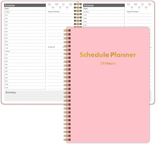 24 Hour Schedule Daily Planner - Undated To Do List Notebook with Hourly Schedule, 7" x 10", Spiral Organizer Your Tasks and Appointments, Home or Office Supplies for Women - Carnation Pink