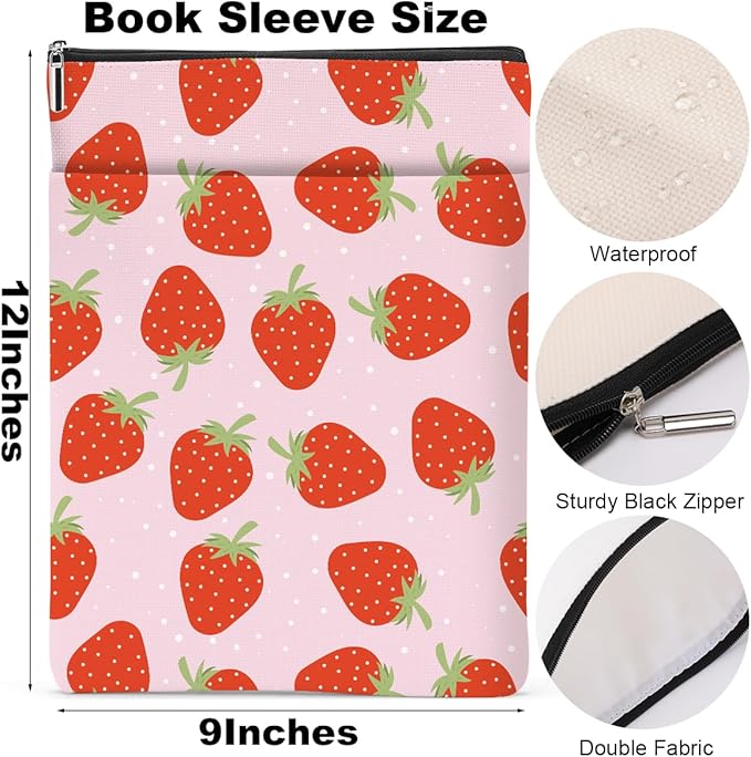 Strawberry Pattern Book Lovers Gifts Waterproof Book Sleeve Book Pouch Book Protector with Zipper and Front Pocket BookCover Case for Women Girl Daughter Mom Book Accessories Book Club Gifts