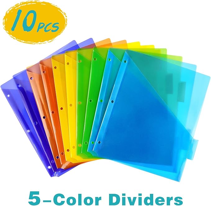 Plastic Binder Dividers with One Front Pocket and Tab Binder Divider for 3 Ring Binder, Multicolor, 10 Pack