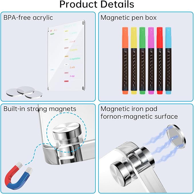 Fridge Calendar Meal Planning Board, Dry Erase Acrylic Magnetic Monthly Weekly Calendar Planner for Refrigerator with 6 Colors Markers (Transparent-Weekly(15.7x11.8"))
