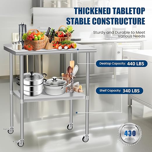 Stainless Steel Table with Wheels 30 x 30 Inches Metal Prep Table with Backsplash & Adjustable Undershelf, Stainless Table for Commercial Kitchen, Outdoor, Restaurant, Hotel & Garage