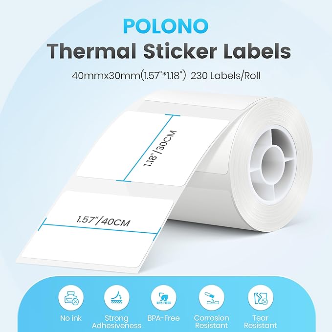 POLONO Genuine Thermal Labels for PM220S Label Makers, 1.57"x1.18" (40x30mm) Thermal Label, Waterproof, Multi-Purpose Self-Adhesive Labels for Small Bussiness, Office, School, 230 Labels/Roll (White)