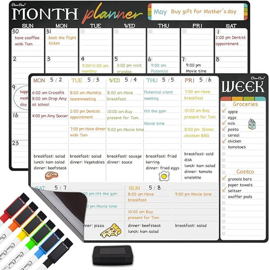 Magnetic Dry Erase Monthly and Weekly Calendar - 17"x12" Monthly and Weekly Whiteboard for Fridge - 6 Extra Fine Point Markers Included - Shipped Flat