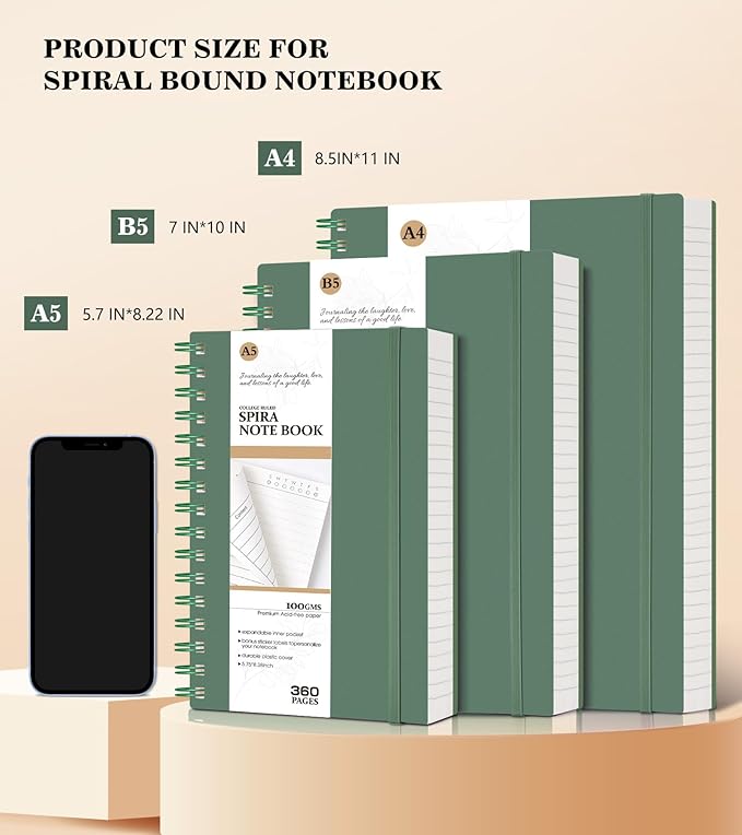 Spiral Notebook Journal,360 Pages College Ruled Notebook, Lined Thick Journals for Women Men,A5 Thick Spiral Journal for Writing,100GSM Paper, Spiral Notebooks for Work School 5.5"x8.5" Green