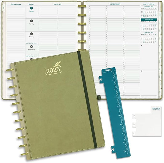 BEZEND 2025 Weekly Monthly Planner Disc-Bound, 8.5" x 11", Appointment Book 12 Months Agenda, Large Calendar Book with To Do List, Hourly Time Slots, Removable Pages, Tabs, Inner Pocket - Kiwi