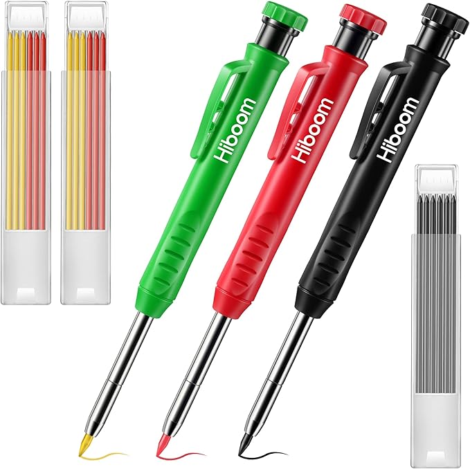 Hiboom 3 Pack Solid Carpenter Pencil with 21 Refill, Long Nosed Deep Hole Mechanical Pencil Marker with Built in Sharpener for Carpenter, Design Patent (Green, Red, Black Cover)