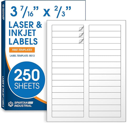 3 7/16" X 2/3" Matte White File Folder Labels Compatible with Inkjet and Laser Printers - 250 Sheets, 7500 Printable Paper Stickers for Return Addresses, Mailing, Organizing - Spartan Industrial
