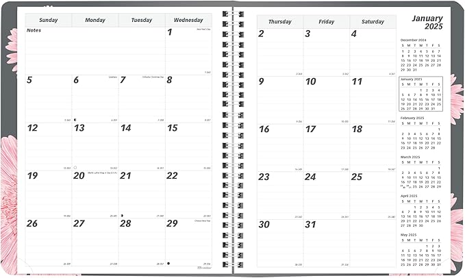 Brownline® 2025 Pink Essential Monthly Planner, 14 Months, December 2024 to January 2026, Twin-Wire Binding, 8.875" x 7.125", Pink Daisy (CB1200G.05-25)