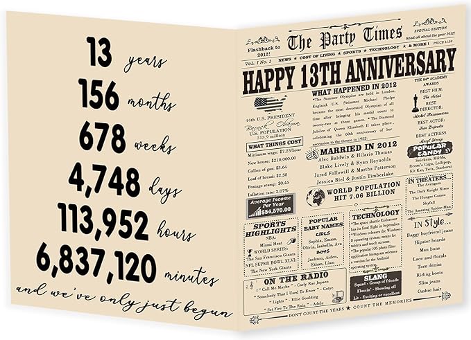 YiKaLus Big 13th Anniversary Card Gift for Him Her, Retro 13 Year Wedding Anniversary Decoration for Husband Wife, Aday Gifts for Women Men