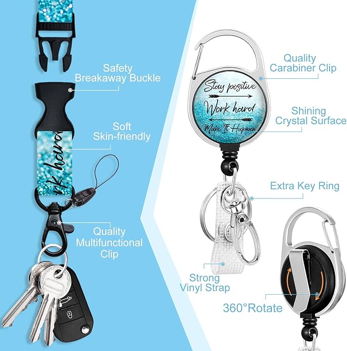 Lanyards for Id Badges, Positive Badge Holder with Retractable Reel Clip, Inspirational Quote Card Name Tag Lanyard Vertical ID Card Protector Case for Women Nurse Doctor Teacher Student Blue