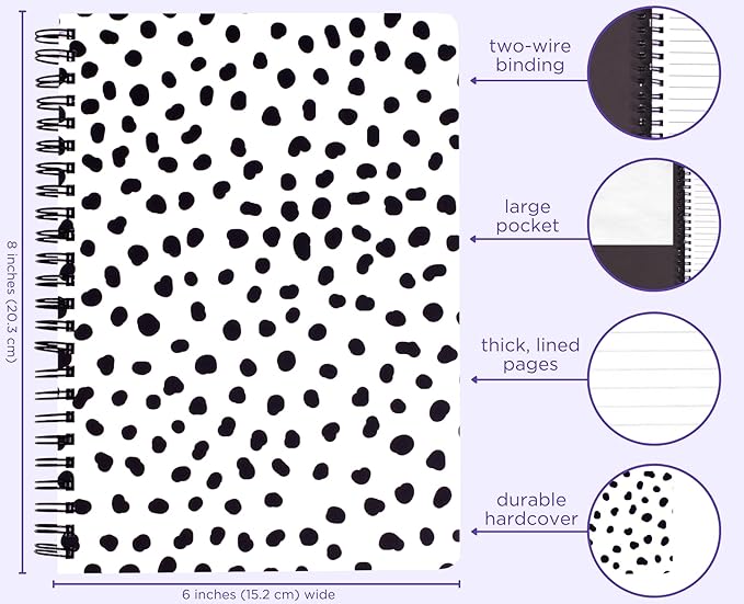 Steel Mill & Co Cute Mini Spiral Notebook, 8.25" x 6.25" Journal with Durable Hardcover and 160 Lined Pages, Black Dots