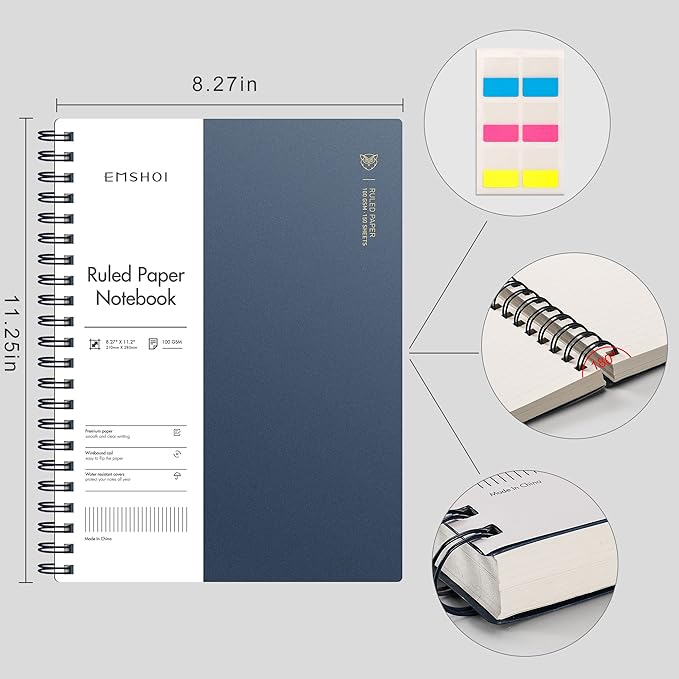 EMSHOI A4 Spiral Notebook College Ruled Lined Journal, 11.2" X 8.27", 300 Pages/150 Sheets, Easy Tear Perforated Pages, 100gsm Thick Paper, Waterproof Softcover, for School Work Writing-Blue