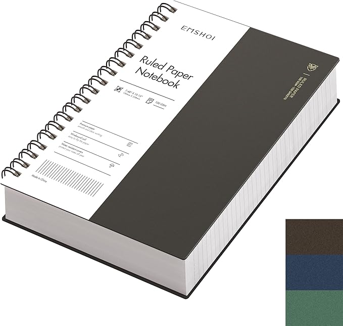EMSHOI B5 Spiral Notebook College Ruled Lined Journal, Large 7.48" X 10.15", 300 Pages/150 Sheets, 100gsm Thick Paper, Waterproof Hardcover, for Office School Women Men Work Writing Notes, Coffee