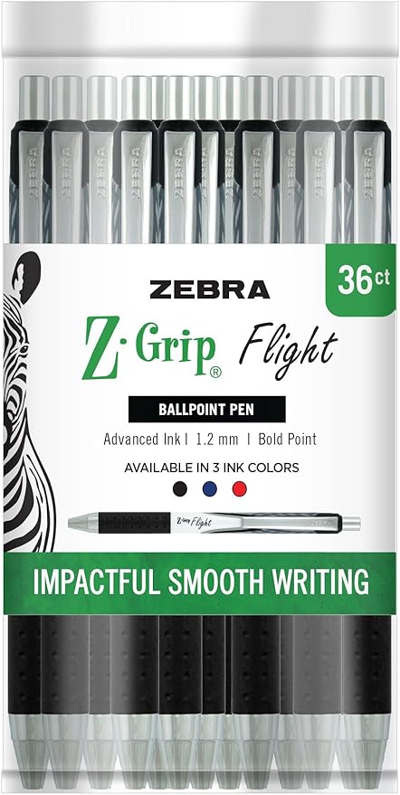 Zebra Pen Z-Grip Flight Retractable Pen, Bold Point, 1.2mm, Assorted colors, 36-Count