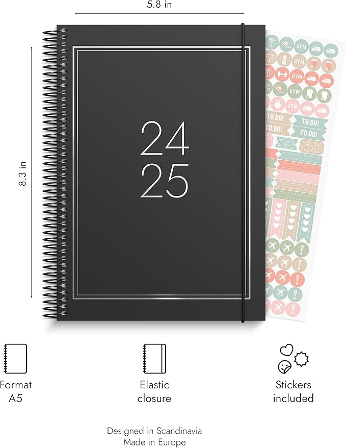 Doodle Academic Planner 2024-2025 | July 2024 - August 2025 | Weekly & Monthly Planner | Space for Creativity | Planner stickers included | Black cover | 120gsm paper