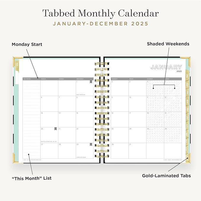 Day Designer 2025 Daily Planner – Premium Planner for Stylish Organization. Combines Monthly Calendar, Hourly Schedule, To-Do List, Gratitude, Goal Setting, Inspirational Quotes, Stickers & More. Elegant laminated Cover with Gold Accents (Black Stripe)