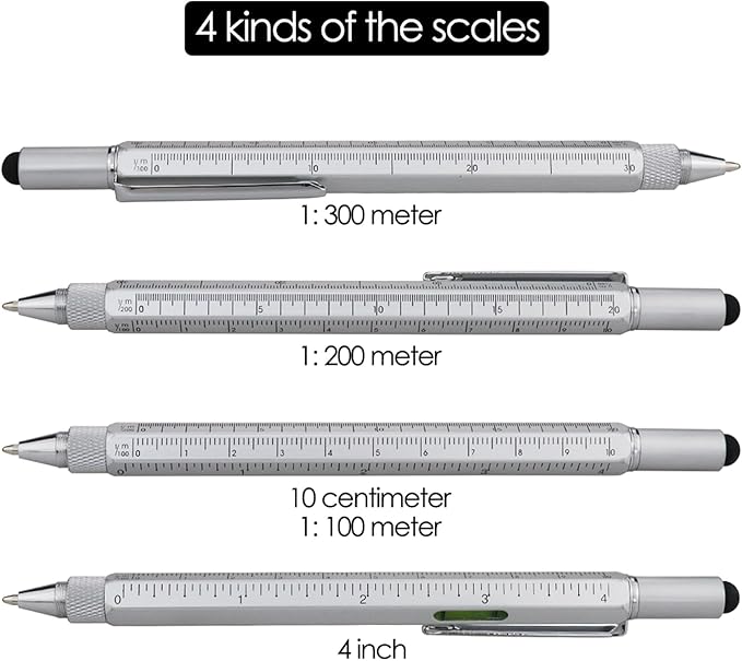 HeTaoCat Gifts Multi Tech Tool Pen 6 in 1 Stylus Pen - Screwdriver Pen with Ruler, Levelgauge, Ballpoint Pen Black ink (White)
