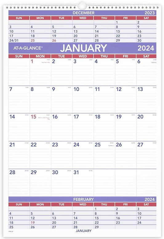 AT-A-GLANCE 2024 Wall Calendar, 15-1/2" x 22-3/4", Large, 3-Month, Wirebound (PM62824)