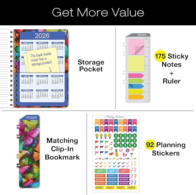 HARDCOVER 2025 Planner, 5.5"x8": 14 Months (November 2024 - December 2025), Daily Weekly Monthly Planner, Yearly Agenda, Bookmark, Pocket Folder and Sticky Note Set (Colorful Butterflies)