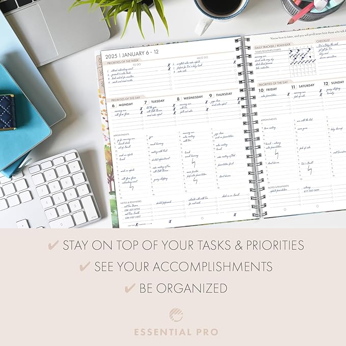 Essential PRO 2025 Daily, Weekly & Monthly Planner, 8.5"x11": 14 Months (Nov 2024 - Dec 2025) Monthly Tabs,Daily Tracking,Notes Pages,Storage Pocket,Bookmark w Sticky Notes (Tree Seasons)