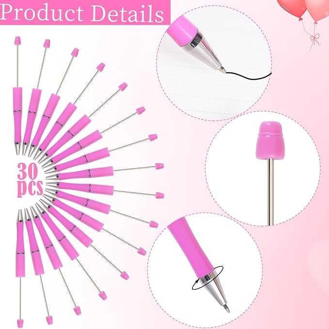 jiebor 30Pcs Pink Beadable Pens Valentines Day Plastic Bead Pen Black Ink Ballpoint Pens Diy Pens Cute Cool Pens for Teacher Bridal Graduation Gift Office Supplies