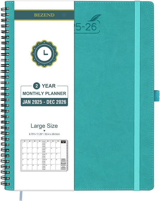 BEZEND Monthly Planner 2025-2026, Large size, 2 Year Monthly Calendar 8.5" x 11" - 120 GSM Thick Paper - Spiral Planner with Pockets, Tabs, Calendar with Note Sections, Pen Loop, Softcover - Turquoise