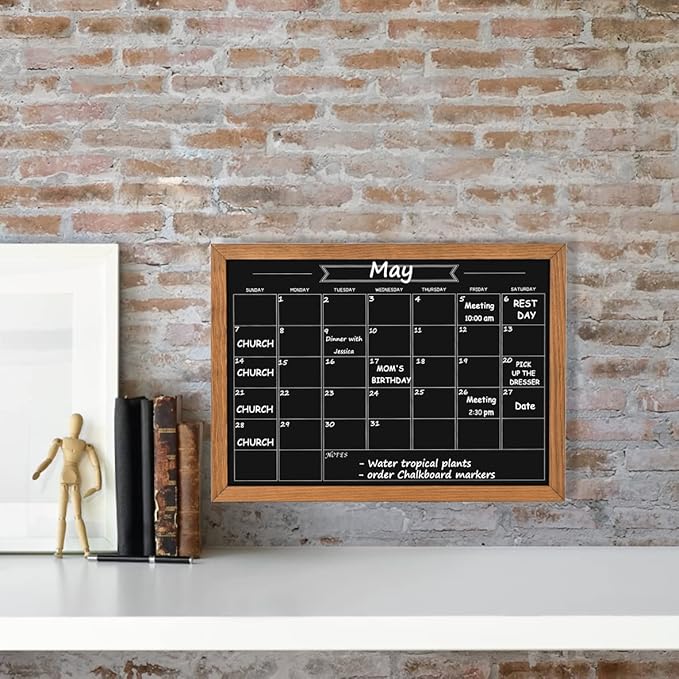 Calendar Chalkboard, 10.6" * 14.6", Magnetic Surface Rustic Brown Solid Pine Wood Frame Chalk Board for Planning/School Timetable/Memo, Hanging Board for Office, School and Home(YLHB-QZ-2737)
