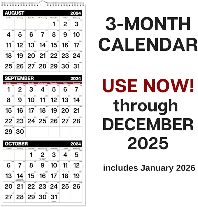 Dunwell Three Month View Calendar 2025 (Black), 11x26" Open, 3-Month Wall Calendar Vertical, Use to December 2025, 3 Panel, Ships Folded