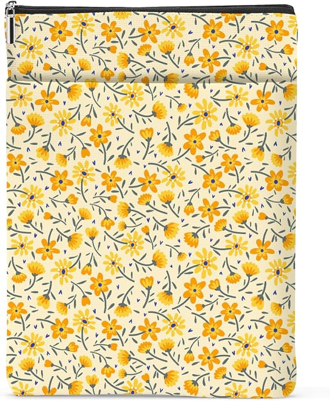 Yellow Wildflowers Pattern Book Lovers Gifts Waterproof Book Sleeve Book Pouch Book Protector with Zipper and Front Pocket BookCover Case for Women Best Friend Sister Book Accessories Book Club Gifts