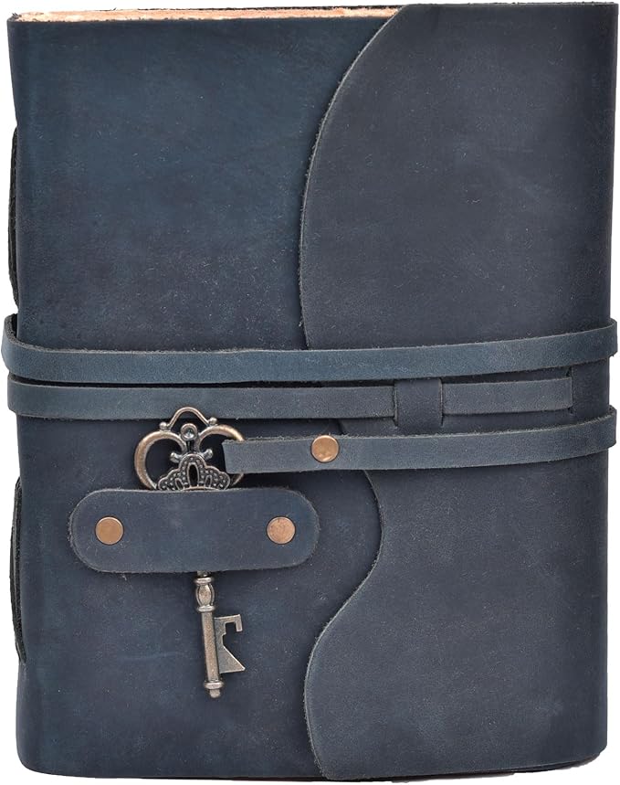 LEATHER VILLAGE Vintage Leather Journal – 200 Handmade Vintage Deckle Edge Paper – Leather bound Journal For Women Men – Vintage Key Closure - Book of Shadows - Blue - 8X6 inches (A5)