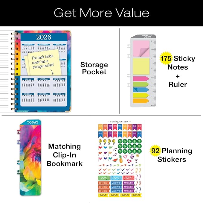 HARDCOVER 2025 Planner, 5.5"x8": 14 Months (November 2024 - December 2025), Daily Weekly Monthly Planner, Yearly Agenda, Bookmark, Pocket Folder and Sticky Note Set (Rainbow Petals)