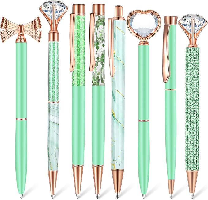 Supervitae 8 Pcs Ballpoint Pen for Women Fancy Gifts for Journaling Liquid Sand Glitter Black Ink Pens Bridal Shower Gifts for Wedding Women Office Desk School Stationery Supplies(Green)