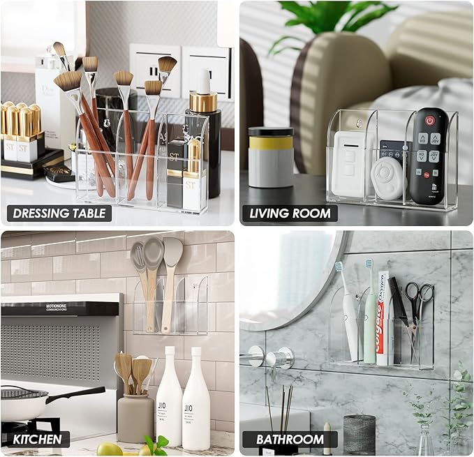 MaxGear 4 Pack Wall Mounted Marker Holder, 3 Compartments Acrylic Organizer for Remotes, Pens, Markers, Clear Desk Pen Holder for Whiteboard Accessories-7.8'' x 1.6'' x 5.5''