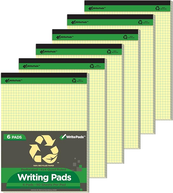 KAISA Quad Legal Pad Writing Pads, 8.5"x11.75" Graph Ruled 8.5x11 Legal Pads Note Pads, 50 Sheets Grid Paper Pads Recycled Notepads, Canary 6 Pads, KSU-7532