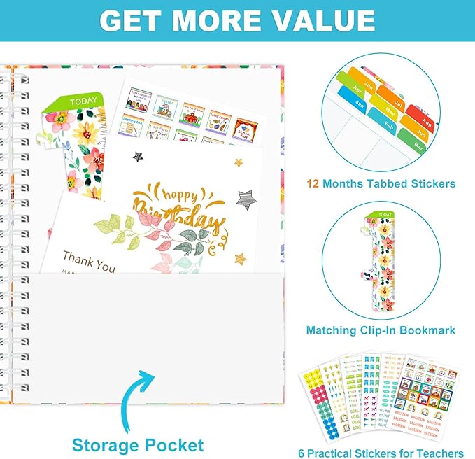 Teacher Planner 2024-2025, Weekly and Monthly Planners 2024-2025 for Women & Men in Aug.2024 - Jul.2025, 8.5"x 11" Marked Tabs, Hardcover with Elastic Closure, Back Pocket, Twin-Wire Binding (Flower)