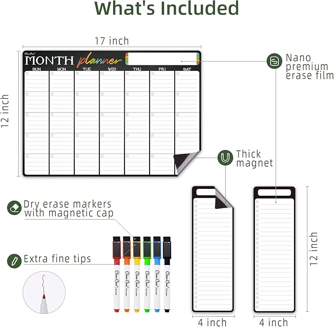 Magnetic Dry Erase Monthly Calendar - 17"x12" Monthly Calendar for Fridge - 4"x12" List Board 2 Pcs - 6 Extra Fine Point Markers Included - Shipped Flat